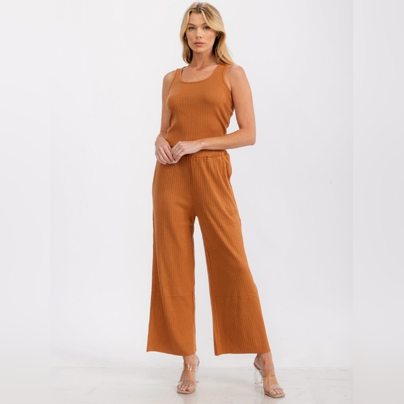 SALE! 013. SLEEVELESS TANK TOP & ELASTIC WAIST PANTS RIBBED 2PC SET - Picture 3 of 4